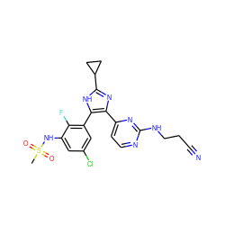 CS(=O)(=O)Nc1cc(Cl)cc(-c2[nH]c(C3CC3)nc2-c2ccnc(NCCC#N)n2)c1F ZINC000096174591