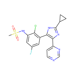 CS(=O)(=O)Nc1cc(F)cc(-c2[nH]c(C3CC3)nc2-c2ccncn2)c1Cl ZINC000096174600