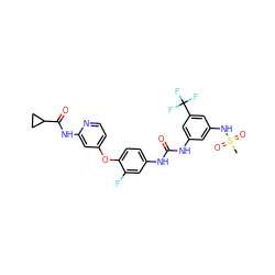 CS(=O)(=O)Nc1cc(NC(=O)Nc2ccc(Oc3ccnc(NC(=O)C4CC4)c3)c(F)c2)cc(C(F)(F)F)c1 ZINC001772598050