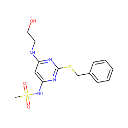 CS(=O)(=O)Nc1cc(NCCO)nc(SCc2ccccc2)n1 ZINC000113942673