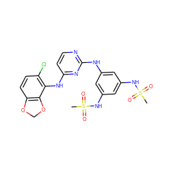 CS(=O)(=O)Nc1cc(Nc2nccc(Nc3c(Cl)ccc4c3OCO4)n2)cc(NS(C)(=O)=O)c1 ZINC000049881809