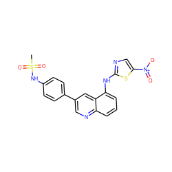 CS(=O)(=O)Nc1ccc(-c2cnc3cccc(Nc4ncc([N+](=O)[O-])s4)c3c2)cc1 ZINC000028957607