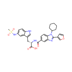 CS(=O)(=O)Nc1ccc2[nH]cc(C[C@H](NC(=O)c3ccc4c(c3)nc(-c3ccoc3)n4C3CCCCC3)C(=O)O)c2c1 ZINC000028021662