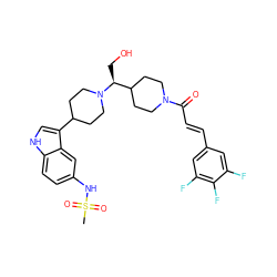 CS(=O)(=O)Nc1ccc2[nH]cc(C3CCN([C@@H](CO)C4CCN(C(=O)/C=C/c5cc(F)c(F)c(F)c5)CC4)CC3)c2c1 ZINC000029044145