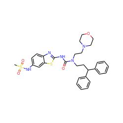 CS(=O)(=O)Nc1ccc2nc(NC(=O)N(CCC(c3ccccc3)c3ccccc3)CCN3CCOCC3)sc2c1 ZINC000096258260