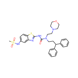 CS(=O)(=O)Nc1ccc2sc(NC(=O)N(CCC(c3ccccc3)c3ccccc3)CCN3CCOCC3)nc2c1 ZINC000096258268