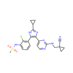 CS(=O)(=O)Nc1cccc(-c2[nH]c(C3CC3)nc2-c2ccnc(NCC3(C#N)CC3)n2)c1Cl ZINC000096174597