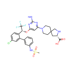 CS(=O)(=O)Nc1cccc(-c2cc(Cl)ccc2[C@@H](Oc2cc(N3CCC4(CC3)CN[C@H](C(=O)O)C4)nc(N)n2)C(F)(F)F)c1 ZINC001772587604