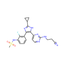 CS(=O)(=O)Nc1cccc(-c2nc(C3CC3)[nH]c2-c2ccnc(NCCC#N)n2)c1F ZINC000169182898