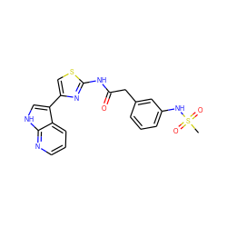 CS(=O)(=O)Nc1cccc(CC(=O)Nc2nc(-c3c[nH]c4ncccc34)cs2)c1 ZINC000038253871