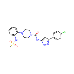 CS(=O)(=O)Nc1ccccc1N1CCN(C(=O)Nc2cc(-c3ccc(Cl)cc3)n[nH]2)CC1 ZINC000040430110