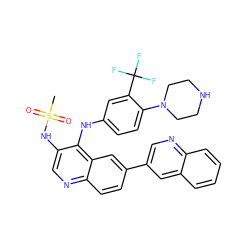 CS(=O)(=O)Nc1cnc2ccc(-c3cnc4ccccc4c3)cc2c1Nc1ccc(N2CCNCC2)c(C(F)(F)F)c1 ZINC000653725347