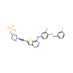 CS(=O)(=O)O[C@H]1CN[C@H](C#Cc2cc3ncnc(Nc4ccc(OCc5cccc(F)c5)c(Cl)c4)c3s2)C1 ZINC000042804433