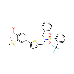 CS(=O)(=O)c1cc(-c2ccc(CN(Cc3ccccc3)S(=O)(=O)c3ccccc3C(F)(F)F)s2)ccc1CO ZINC000043203711