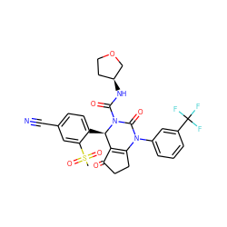 CS(=O)(=O)c1cc(C#N)ccc1[C@@H]1C2=C(CCC2=O)N(c2cccc(C(F)(F)F)c2)C(=O)N1C(=O)N[C@H]1CCOC1 ZINC001772658048