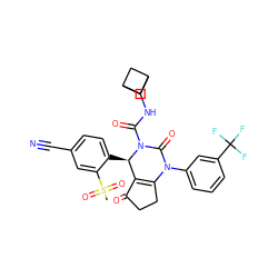 CS(=O)(=O)c1cc(C#N)ccc1[C@@H]1C2=C(CCC2=O)N(c2cccc(C(F)(F)F)c2)C(=O)N1C(=O)NC1C2CC1C2 ZINC001772617243