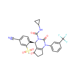 CS(=O)(=O)c1cc(C#N)ccc1[C@@H]1C2=C(CCC2=O)N(c2cccc(C(F)(F)F)c2)C(=O)N1C(=O)NC1CC1 ZINC000212177097