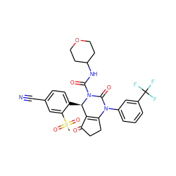 CS(=O)(=O)c1cc(C#N)ccc1[C@@H]1C2=C(CCC2=O)N(c2cccc(C(F)(F)F)c2)C(=O)N1C(=O)NC1CCOCC1 ZINC001772640805