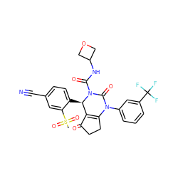 CS(=O)(=O)c1cc(C#N)ccc1[C@@H]1C2=C(CCC2=O)N(c2cccc(C(F)(F)F)c2)C(=O)N1C(=O)NC1COC1 ZINC001772626014