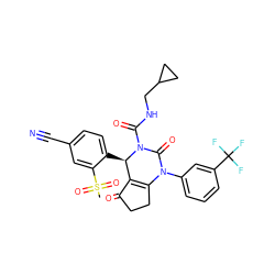 CS(=O)(=O)c1cc(C#N)ccc1[C@@H]1C2=C(CCC2=O)N(c2cccc(C(F)(F)F)c2)C(=O)N1C(=O)NCC1CC1 ZINC001772574135