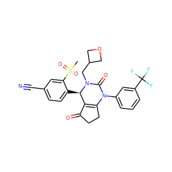 CS(=O)(=O)c1cc(C#N)ccc1[C@@H]1C2=C(CCC2=O)N(c2cccc(C(F)(F)F)c2)C(=O)N1CC1COC1 ZINC001772587956