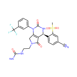 CS(=O)(=O)c1cc(C#N)ccc1[C@@H]1NC(=O)N(c2cccc(C(F)(F)F)c2)C2=C1C(=O)N(CCNC(N)=O)C2 ZINC000113241264