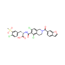 CS(=O)(=O)c1cc(C[C@H](NC(=O)c2c(Cl)cc3c(c2Cl)CCN(C(=O)c2ccc4ccoc4c2)C3)C(=O)O)ccc1Cl ZINC000084654201