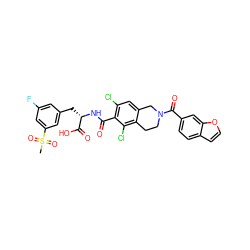 CS(=O)(=O)c1cc(F)cc(C[C@H](NC(=O)c2c(Cl)cc3c(c2Cl)CCN(C(=O)c2ccc4ccoc4c2)C3)C(=O)O)c1 ZINC000084670133