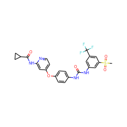 CS(=O)(=O)c1cc(NC(=O)Nc2ccc(Oc3ccnc(NC(=O)C4CC4)c3)cc2)cc(C(F)(F)F)c1 ZINC001772621571