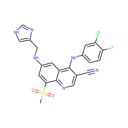 CS(=O)(=O)c1cc(NCc2c[nH]cn2)cc2c(Nc3ccc(F)c(Cl)c3)c(C#N)cnc12 ZINC000014977366