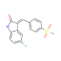 CS(=O)(=O)c1ccc(/C=C2/C(=O)Nc3ccc(Cl)cc32)cc1 ZINC000064559581