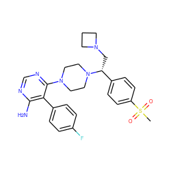 CS(=O)(=O)c1ccc([C@@H](CN2CCC2)N2CCN(c3ncnc(N)c3-c3ccc(F)cc3)CC2)cc1 ZINC000218673291