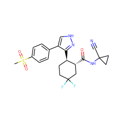 CS(=O)(=O)c1ccc(-c2c[nH]nc2[C@@H]2CCC(F)(F)C[C@H]2C(=O)NC2(C#N)CC2)cc1 ZINC000034884892