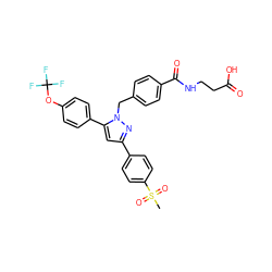 CS(=O)(=O)c1ccc(-c2cc(-c3ccc(OC(F)(F)F)cc3)n(Cc3ccc(C(=O)NCCC(=O)O)cc3)n2)cc1 ZINC000066251170