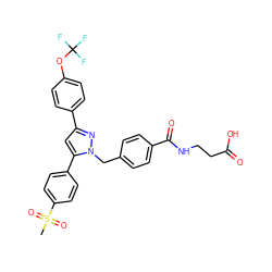 CS(=O)(=O)c1ccc(-c2cc(-c3ccc(OC(F)(F)F)cc3)nn2Cc2ccc(C(=O)NCCC(=O)O)cc2)cc1 ZINC000066251172