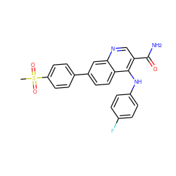 CS(=O)(=O)c1ccc(-c2ccc3c(Nc4ccc(F)cc4)c(C(N)=O)cnc3c2)cc1 ZINC000028960671