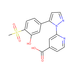 CS(=O)(=O)c1ccc(-c2ccnn2-c2cc(C(=O)O)ccn2)cc1O ZINC000146864109