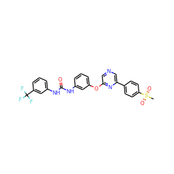 CS(=O)(=O)c1ccc(-c2cncc(Oc3cccc(NC(=O)Nc4cccc(C(F)(F)F)c4)c3)n2)cc1 ZINC000473083240