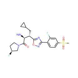 CS(=O)(=O)c1ccc(-c2noc([C@@H](CC3CC3)[C@H](N)C(=O)N3CC[C@H](F)C3)n2)c(F)c1 ZINC000014948506