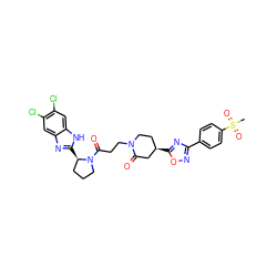 CS(=O)(=O)c1ccc(-c2noc([C@@H]3CCN(CCC(=O)N4CCC[C@H]4c4nc5cc(Cl)c(Cl)cc5[nH]4)C(=O)C3)n2)cc1 ZINC000072123659