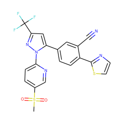 CS(=O)(=O)c1ccc(-n2nc(C(F)(F)F)cc2-c2ccc(-c3nccs3)c(C#N)c2)nc1 ZINC000036338763