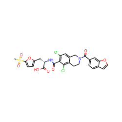 CS(=O)(=O)c1ccc(C[C@H](NC(=O)c2c(Cl)cc3c(c2Cl)CCN(C(=O)c2ccc4ccoc4c2)C3)C(=O)O)o1 ZINC000066112051