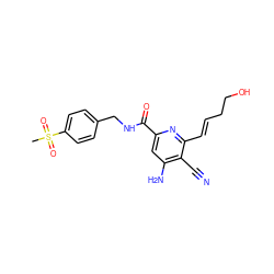 CS(=O)(=O)c1ccc(CNC(=O)c2cc(N)c(C#N)c(/C=C/CCO)n2)cc1 ZINC000038145053