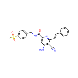 CS(=O)(=O)c1ccc(CNC(=O)c2cc(N)c(C#N)c(/C=C/c3ccccc3)n2)cc1 ZINC000038145057