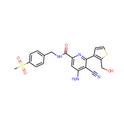 CS(=O)(=O)c1ccc(CNC(=O)c2cc(N)c(C#N)c(-c3ccsc3CO)n2)cc1 ZINC000038151277