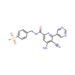 CS(=O)(=O)c1ccc(CNC(=O)c2cc(N)c(C#N)c(-c3cncnc3)n2)cc1 ZINC000038151273