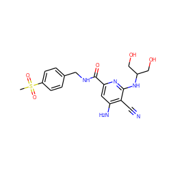 CS(=O)(=O)c1ccc(CNC(=O)c2cc(N)c(C#N)c(NC(CO)CO)n2)cc1 ZINC000038151249