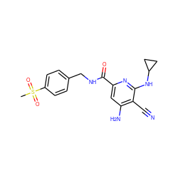 CS(=O)(=O)c1ccc(CNC(=O)c2cc(N)c(C#N)c(NC3CC3)n2)cc1 ZINC000038145047