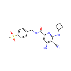 CS(=O)(=O)c1ccc(CNC(=O)c2cc(N)c(C#N)c(NC3CCC3)n2)cc1 ZINC000038145046