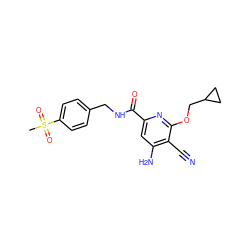 CS(=O)(=O)c1ccc(CNC(=O)c2cc(N)c(C#N)c(OCC3CC3)n2)cc1 ZINC000034802952